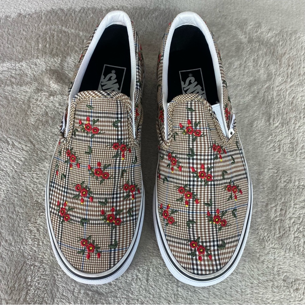 Vans Floral Plaid Slip On Sneaker Skate Shoes Womens Size 5 Brown Red Stitch NEW - Picture 9 of 11